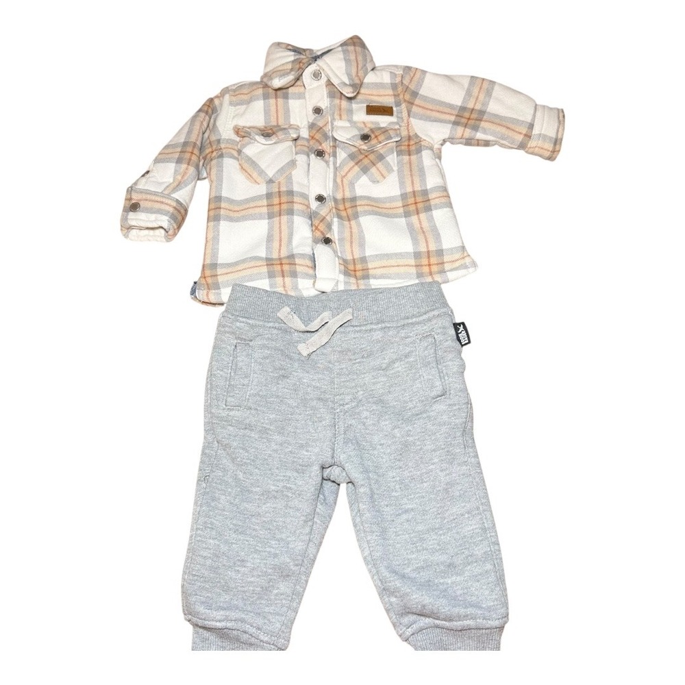 Lumberjack Cabin Core Eddie Bauer Plaid Shacket Joggers Set 0-3M Grey Tan Fleece